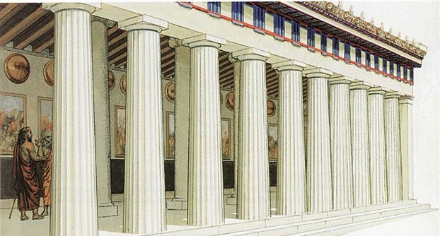 Un'immagine della Stoa Poikile di Atene, una stoa dipinta che fu costruita nel IV secolo a.C. ed era un luogo importante per la filosofia stoica.
