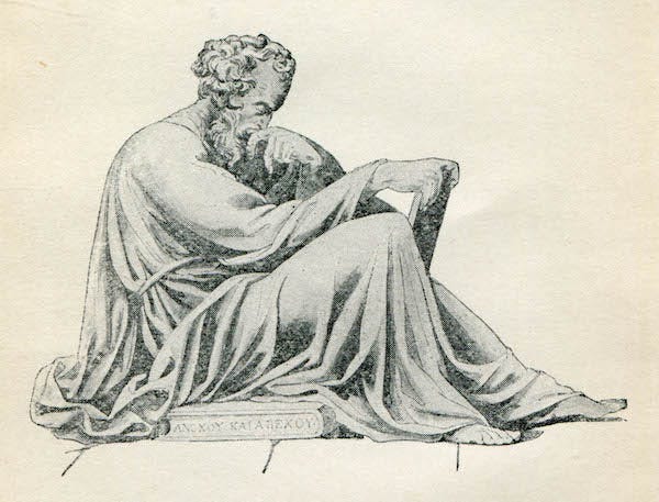 In questa immagine, Epitteto, un filosofo stoico greco-romano del I secolo d.C., è raffigurato mentre pensa