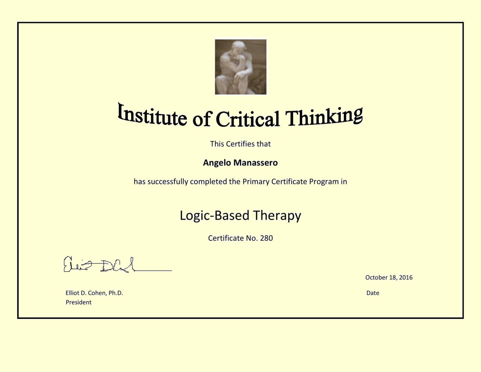 Certificazione internazionale Logic-Based Therapy - Angelo Manassero