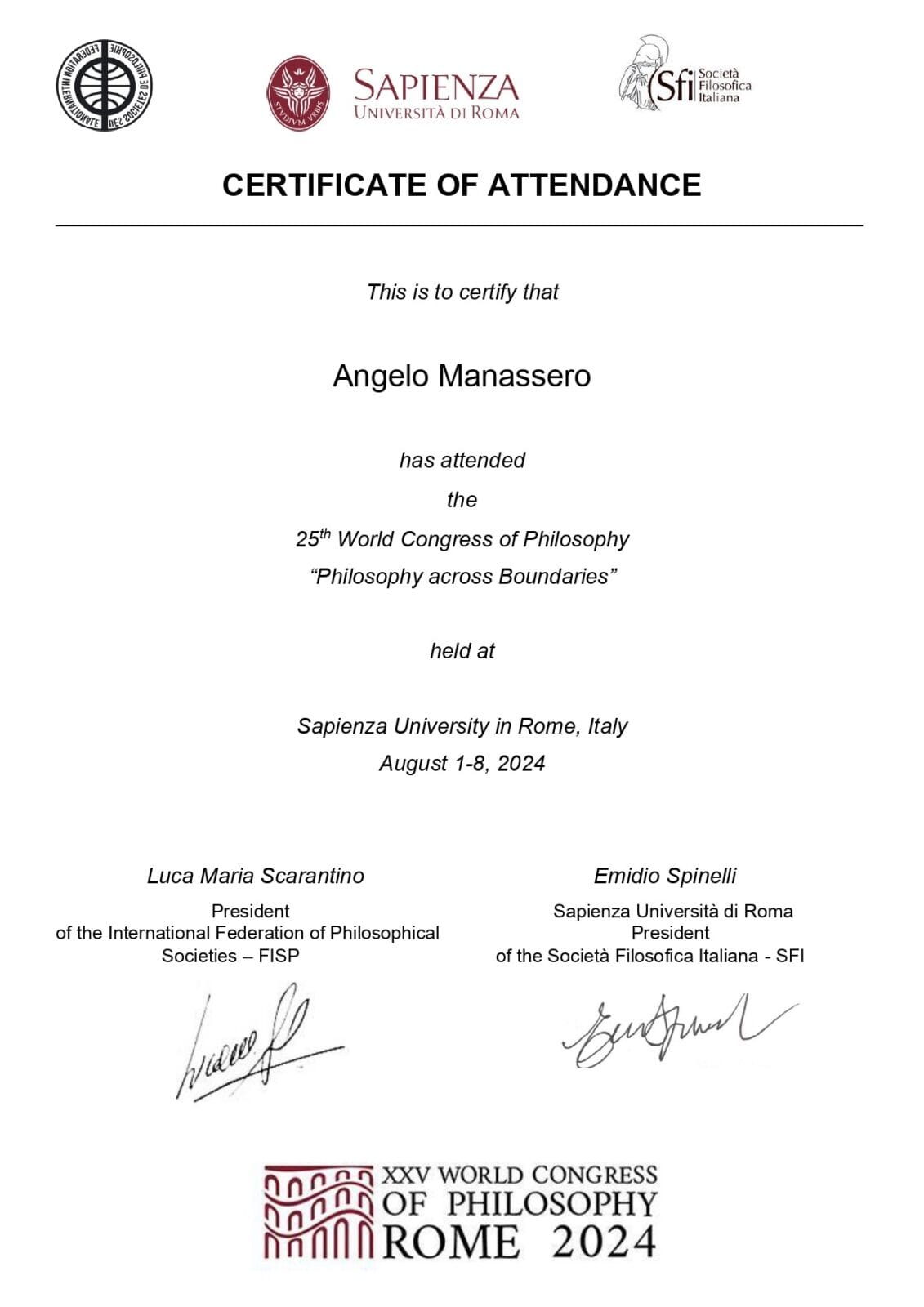 Certificato XXV World Congress of Philosophy Angelo Manassero