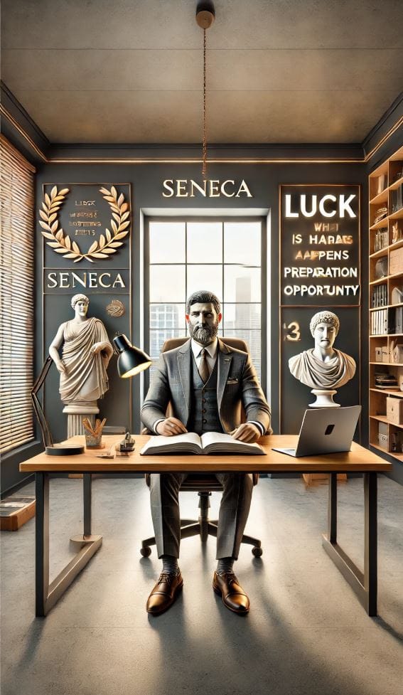 Stoicismo in azienda, Un moderno ufficio aziendale con una statua stilizzata di Marco Aurelio e una citazione: "Control what you can, accept what you cannot." L'atmosfera riflette calma e razionalità.