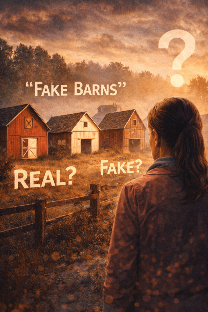 Fake Barns: persona osserva fienili veri e falsi in un contesto di illusione epistemica
