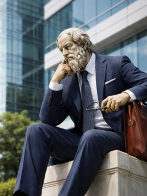 Il Filosofo Aziendale e la Leadership Etica – Filosofo d’impresa – chief philosophy officer Rappresentazione moderna di Marco Aurelio in giacca e cravatta come filosofo aziendale, simbolo di saggezza stoica e filosofia d’impresa.